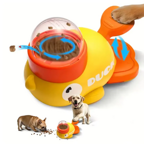 An infographic showing how the duck feeder toy works: a paw presses the pedal, causing treats to dispense from the top dome.