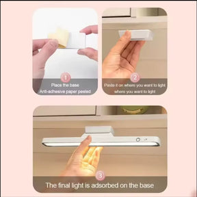 A three-step guide showing how to install the magnetic LED light bar using the included adhesive base.