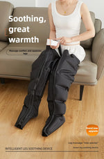 A woman using the intelligent leg soothing device, with text highlighting its "Soothing, great warmth" feature.