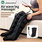 The Jinkairui air wave leg massager with text highlighting its three levels of intensity, air pressure massage, and three modes.