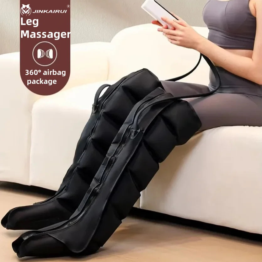 A woman using the Jinkairui leg massager, with text highlighting the 360-degree airbag package for full leg compression.