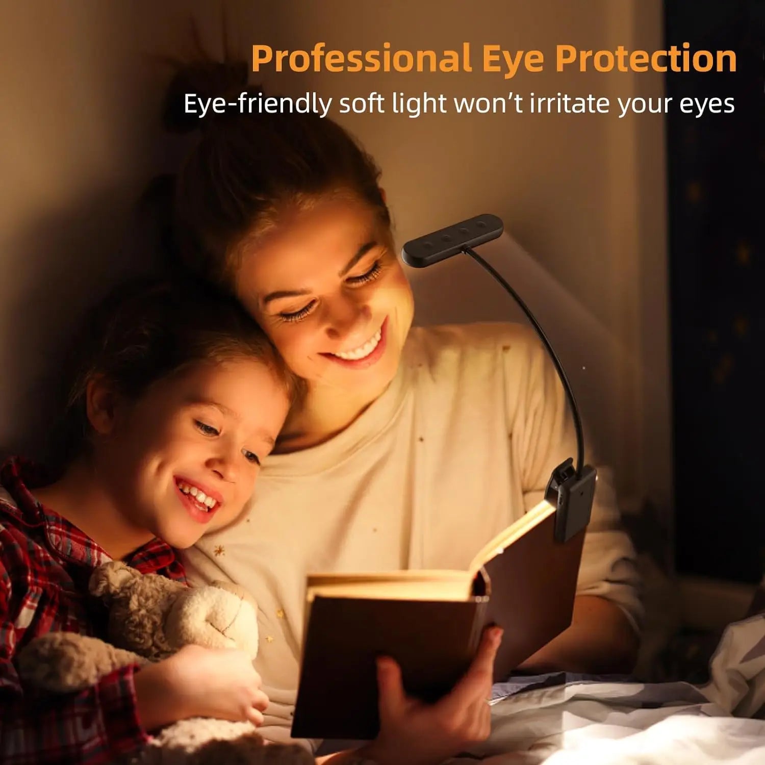 A mother and daughter reading in bed, using the clip-on LED book light which provides professional, eye-friendly soft light.