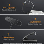 An infographic detailing the features of the clip-on book light: 360-degree adjustable gooseneck, easy-to-control buttons, and stable clamps.