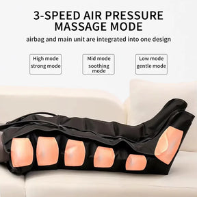 An infographic detailing the 3-speed air pressure massage modes: high (strong), mid (soothing), and low (gentle).