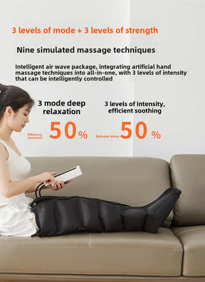 An infographic explaining the leg massager has 3 levels of mode and 3 levels of strength for deep relaxation and stress release.