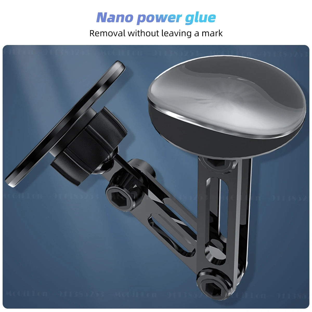An image showing the base of the phone holder, highlighting the nano power glue that allows for removal without leaving a mark.