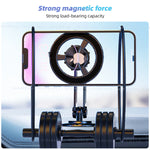 An infographic demonstrating the strong magnetic force of the phone holder, capable of supporting the weight of a dumbbell.