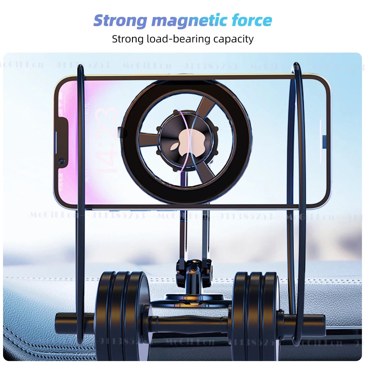 An infographic demonstrating the strong magnetic force of the phone holder, capable of supporting the weight of a dumbbell.