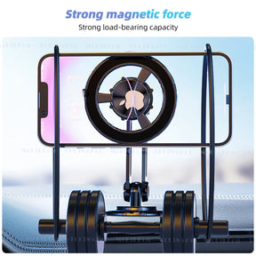 An infographic demonstrating the strong magnetic force of the phone holder, capable of supporting the weight of a dumbbell.