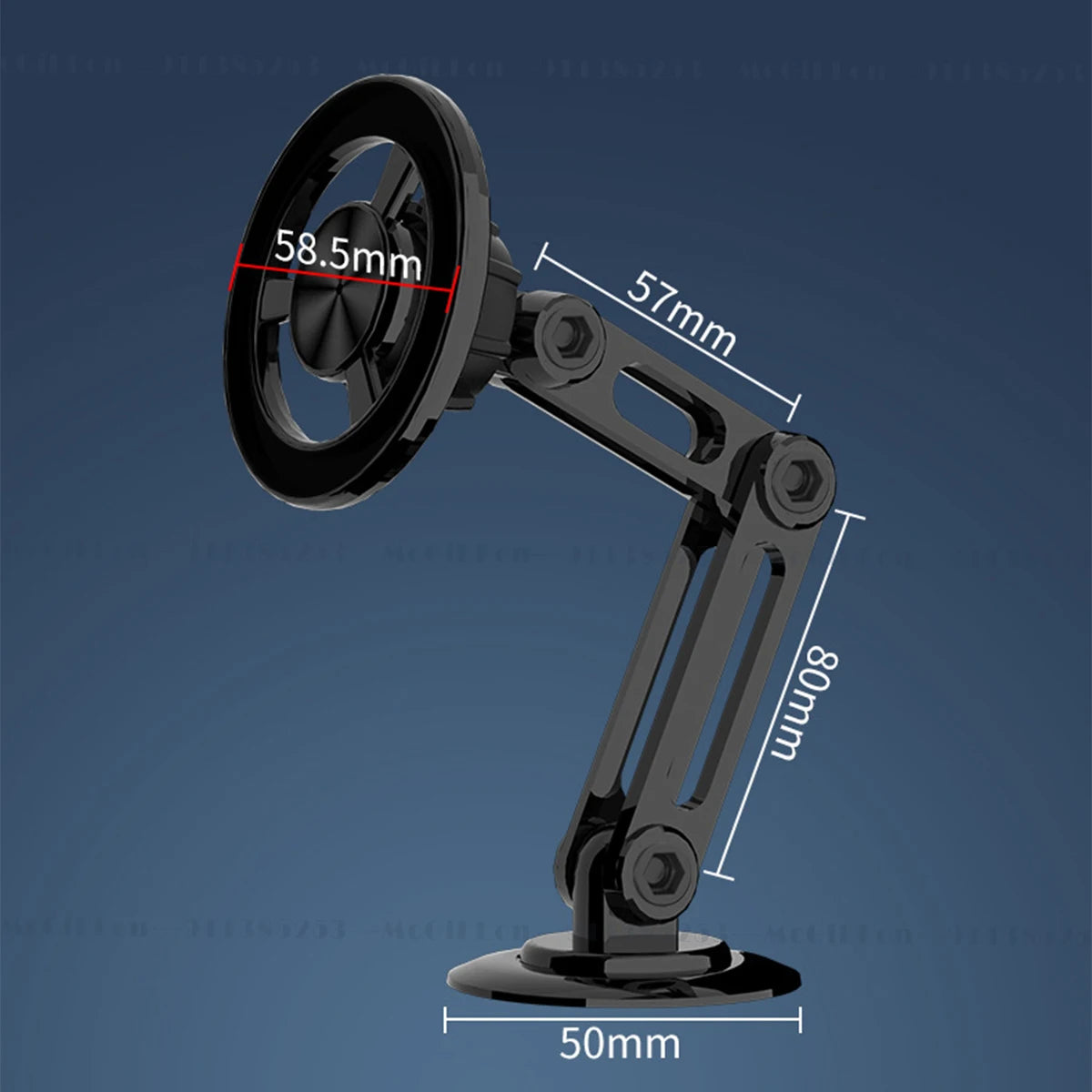 A diagram showing the dimensions of the articulating magnetic phone mount, including its 80mm arm length and 50mm base.