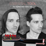 A before-and-after image of a man's hair, showing the transformation from long and wavy to a shorter, styled look using the straightening brush.