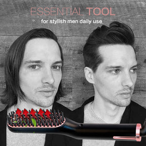 A before-and-after image of a man's hair, showing the transformation from long and wavy to a shorter, styled look using the straightening brush.