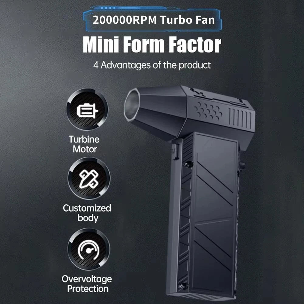 The Mntiln X6 mini turbo fan with icons showing its advantages: turbine motor, customized body, and overvoltage protection.