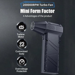 The Mntiln X6 mini turbo fan with icons showing its advantages: turbine motor, customized body, and overvoltage protection.