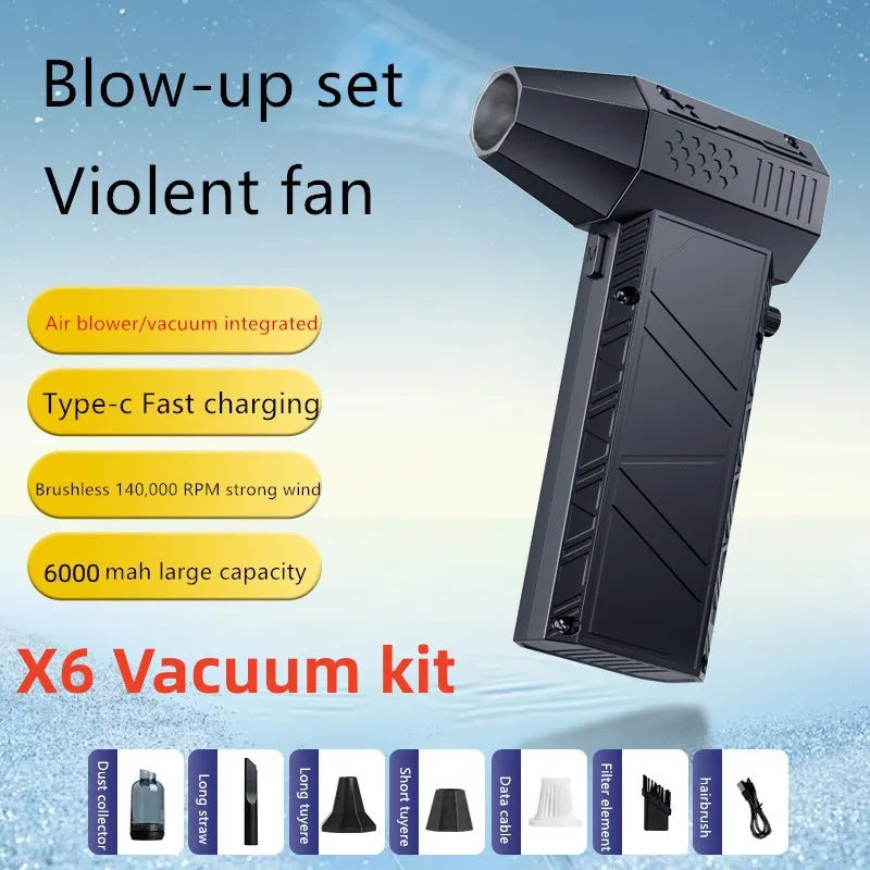 An infographic showing the Mntiln X6 as an integrated air blower and vacuum, with all the vacuum kit accessories displayed.