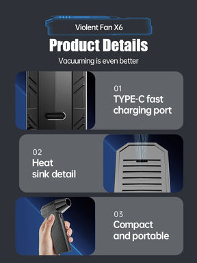 An infographic detailing the product features of the Mntiln X6 blower: Type-C fast charging port, heat sink detail, and its compact, portable design.