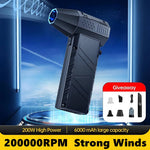 The Mntiln X6 Turbo Jet Blower with text highlighting its 200,000 RPM strong winds and 6000 mAh battery capacity.