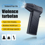 The Mntiln X6 Violent Turbofan in action, with features listed: Type-C fast charging, brushless 140,000 RPM motor, and 6000 mAh battery.