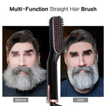 A before-and-after image of a man with a grey beard, showing the significant straightening and grooming effect of the multi-function brush.