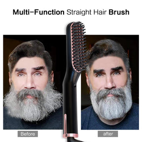 A before-and-after image of a man with a grey beard, showing the significant straightening and grooming effect of the multi-function brush.