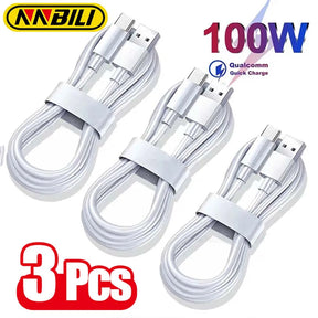 A 3-pack of the NNBILI 100W USB-C fast charging cables, compatible with Qualcomm Quick Charge.