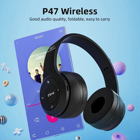 The P47 wireless headphones in front of a smartphone playing music, highlighting their good audio quality and easy-to-carry foldable design.