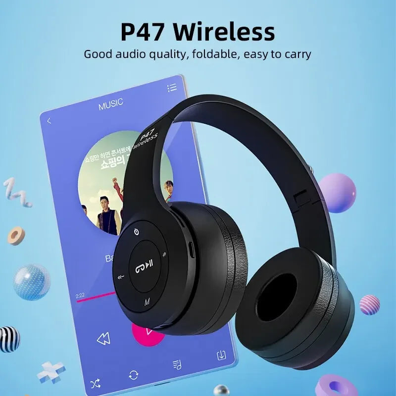 The P47 wireless headphones in front of a smartphone playing music, highlighting their good audio quality and easy-to-carry foldable design.