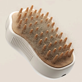 The pet grooming brush shown full of collected loose hair, demonstrating its effectiveness at removing shedding fur.