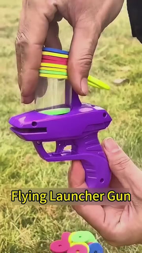 A video demonstrating the FunBox disc launcher toy in action, showing a person loading the colorful soft discs and launching them through the air.