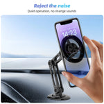 The magnetic phone holder mounted on a car dashboard with a phone, with text that reads "Reject the noise, Quiet operation, no strange sounds".