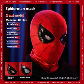 Infographic for the red Spiderman mask model, showing its features like blinking eyes, classic design, and breathable material.