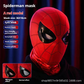 An infographic detailing the features of the classic red Spiderman mask, including the blinking "Wangyan effect" of the eyes.