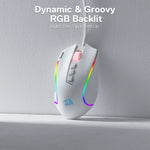 The white Redragon gaming mouse with text highlighting its "Dynamic & Groovy RGB Backlit" feature.