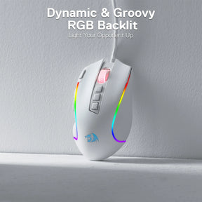 The white Redragon gaming mouse with text highlighting its "Dynamic & Groovy RGB Backlit" feature.