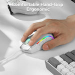 A person holding the white Redragon gaming mouse, demonstrating its comfortable and ergonomic hand-grip design for long gaming sessions.