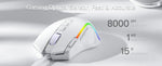 An infographic for the Redragon gaming mouse, detailing its fast and accurate optical sensor with 8000 DPI sensitivity, 1ms report rate, and 15G acceleration.