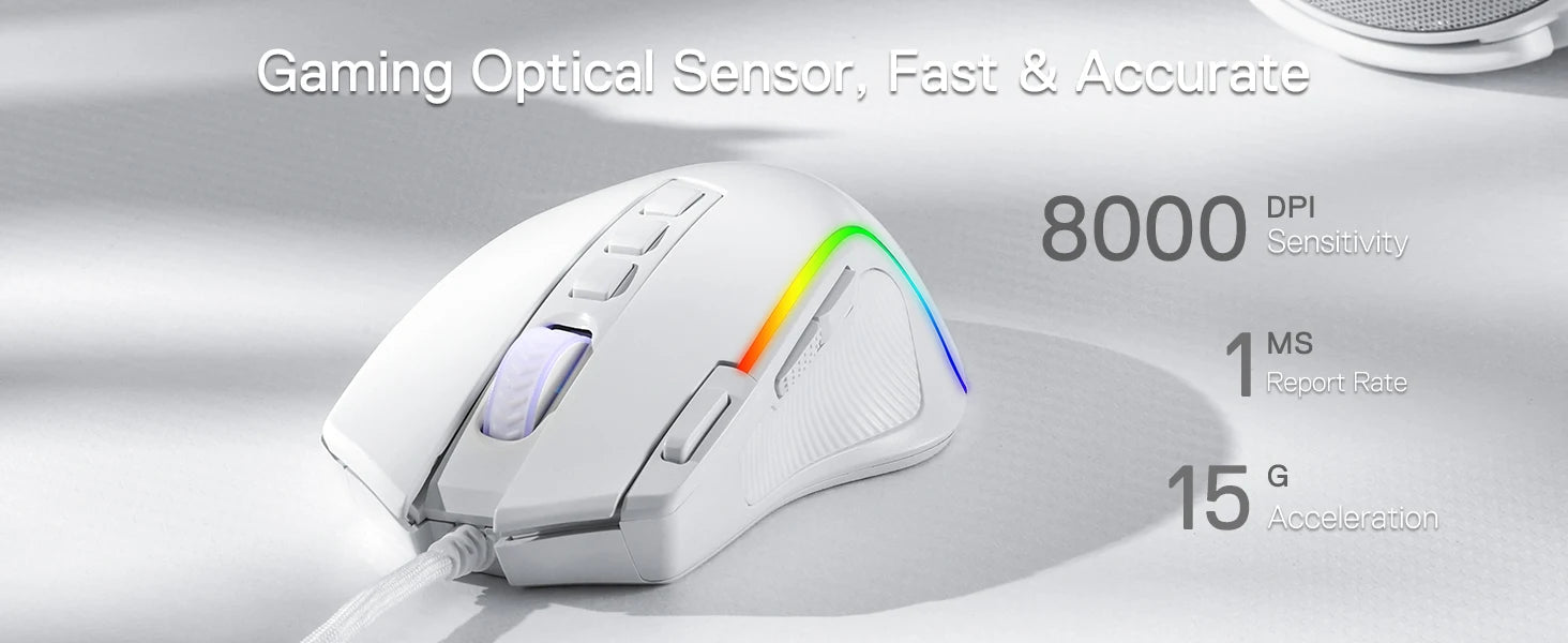 An infographic for the Redragon gaming mouse, detailing its fast and accurate optical sensor with 8000 DPI sensitivity, 1ms report rate, and 15G acceleration.