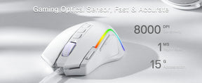An infographic for the Redragon gaming mouse, detailing its fast and accurate optical sensor with 8000 DPI sensitivity, 1ms report rate, and 15G acceleration.