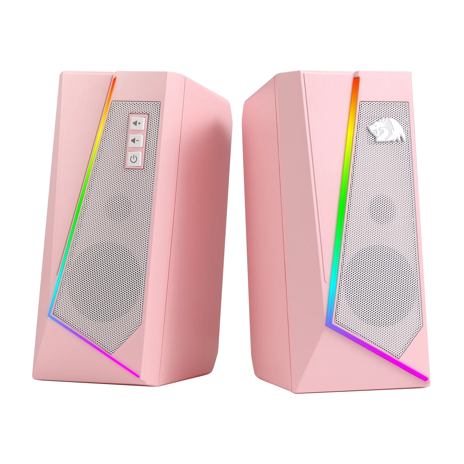 A clear product shot of the Redragon GS520 Anvil RGB desktop speakers in a stylish pink color.