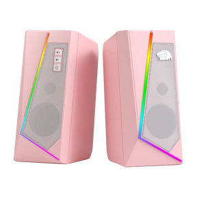A clear product shot of the Redragon GS520 Anvil RGB desktop speakers in a stylish pink color.