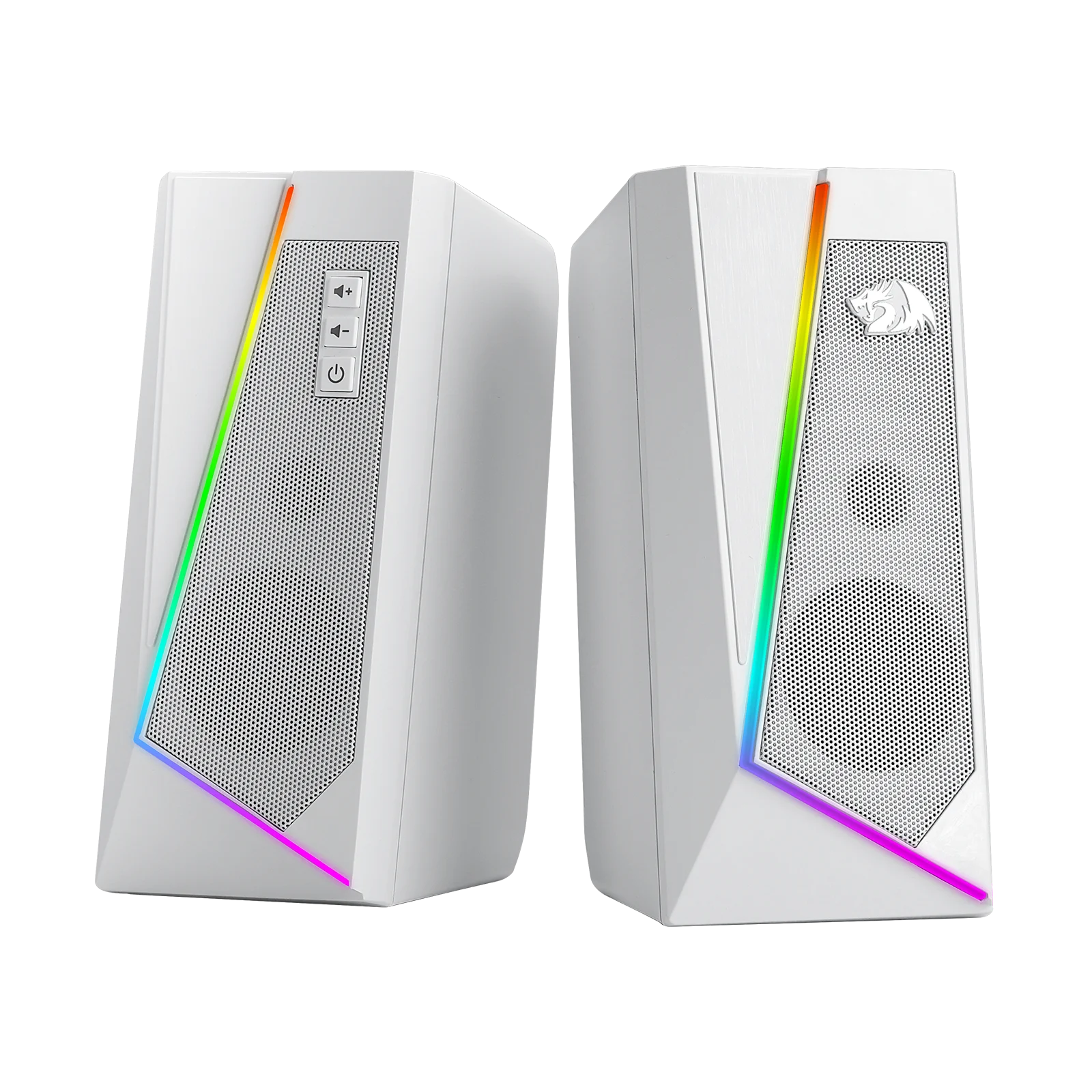 The Redragon GS520 Anvil RGB desktop speakers shown in a clean white color.