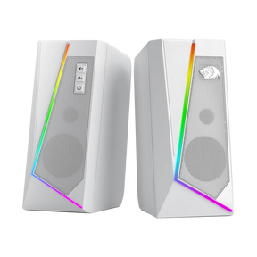 The Redragon GS520 Anvil RGB desktop speakers shown in a clean white color.