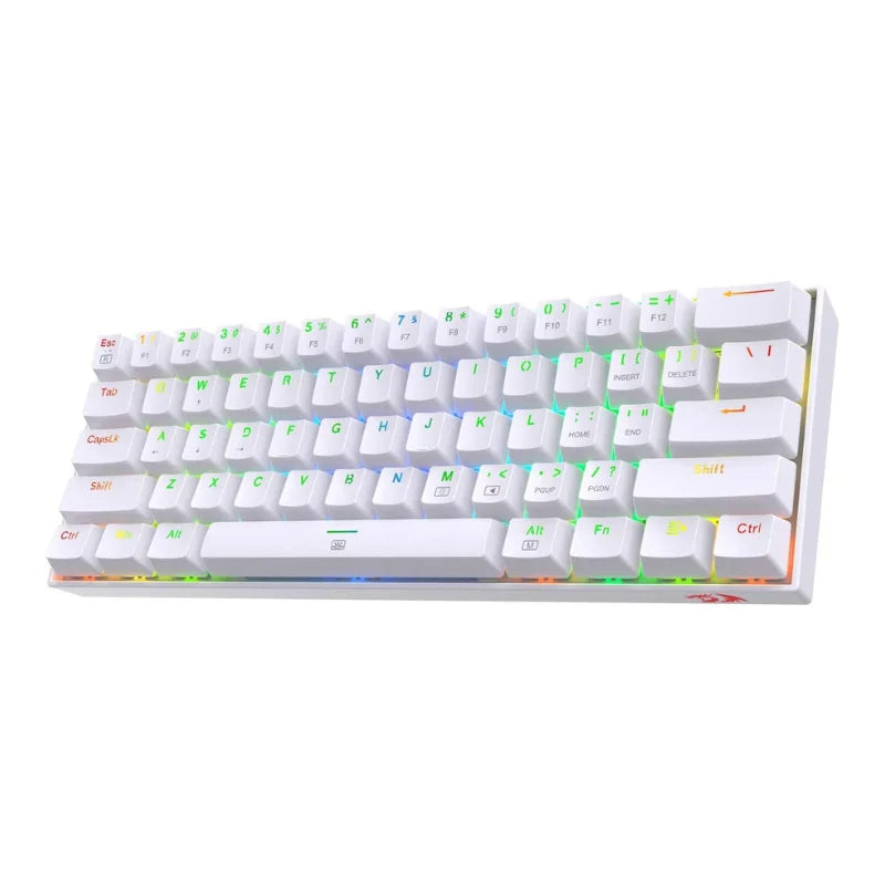 The white Redragon K630 Dragonborn 60% mechanical keyboard with vibrant RGB backlighting.