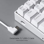A close-up of the Redragon K630 keyboard showing the detachable "L" shaped USB-C cable for portability.
