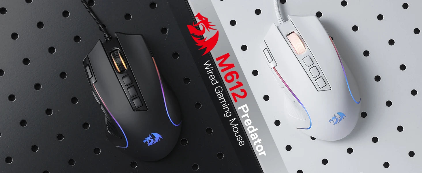 A side-by-side comparison of the Redragon M612 Predator wired gaming mouse in both black and white versions.