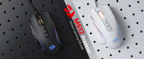 A side-by-side comparison of the Redragon M612 Predator wired gaming mouse in both black and white versions.