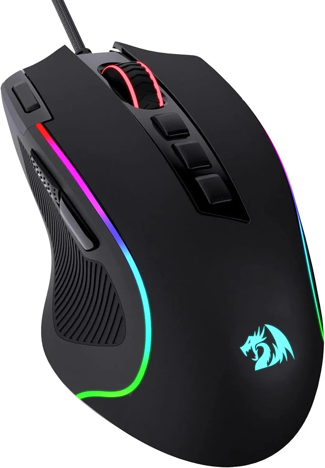 The Redragon M612 Predator gaming mouse in black, showing its ergonomic shape and RGB lighting.