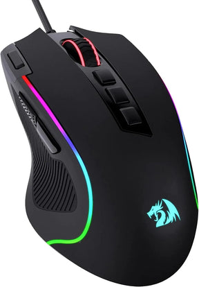 The Redragon M612 Predator gaming mouse in black, showing its ergonomic shape and RGB lighting.