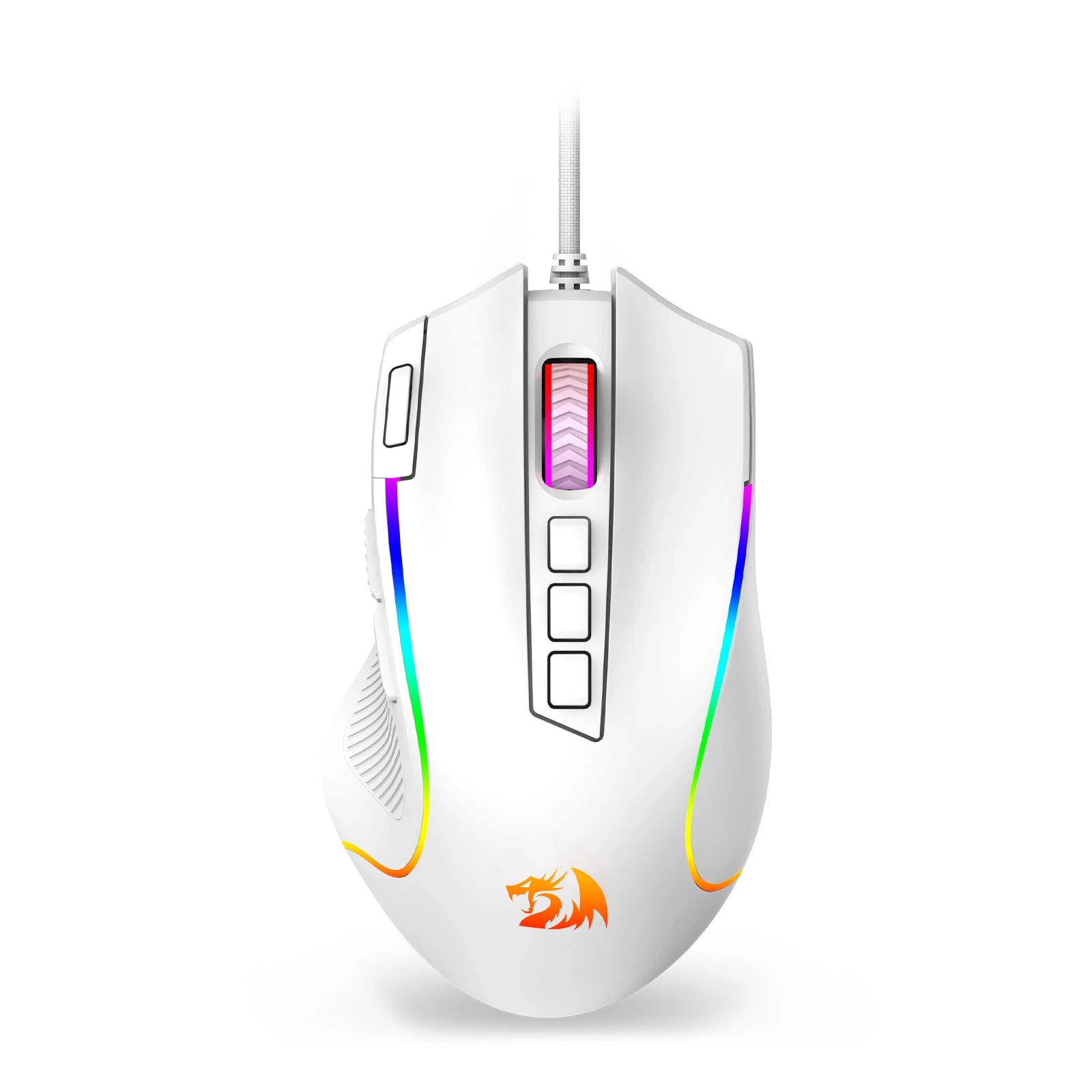 A top-down view of the white Redragon M612 Predator gaming mouse, showing the scroll wheel and DPI buttons.