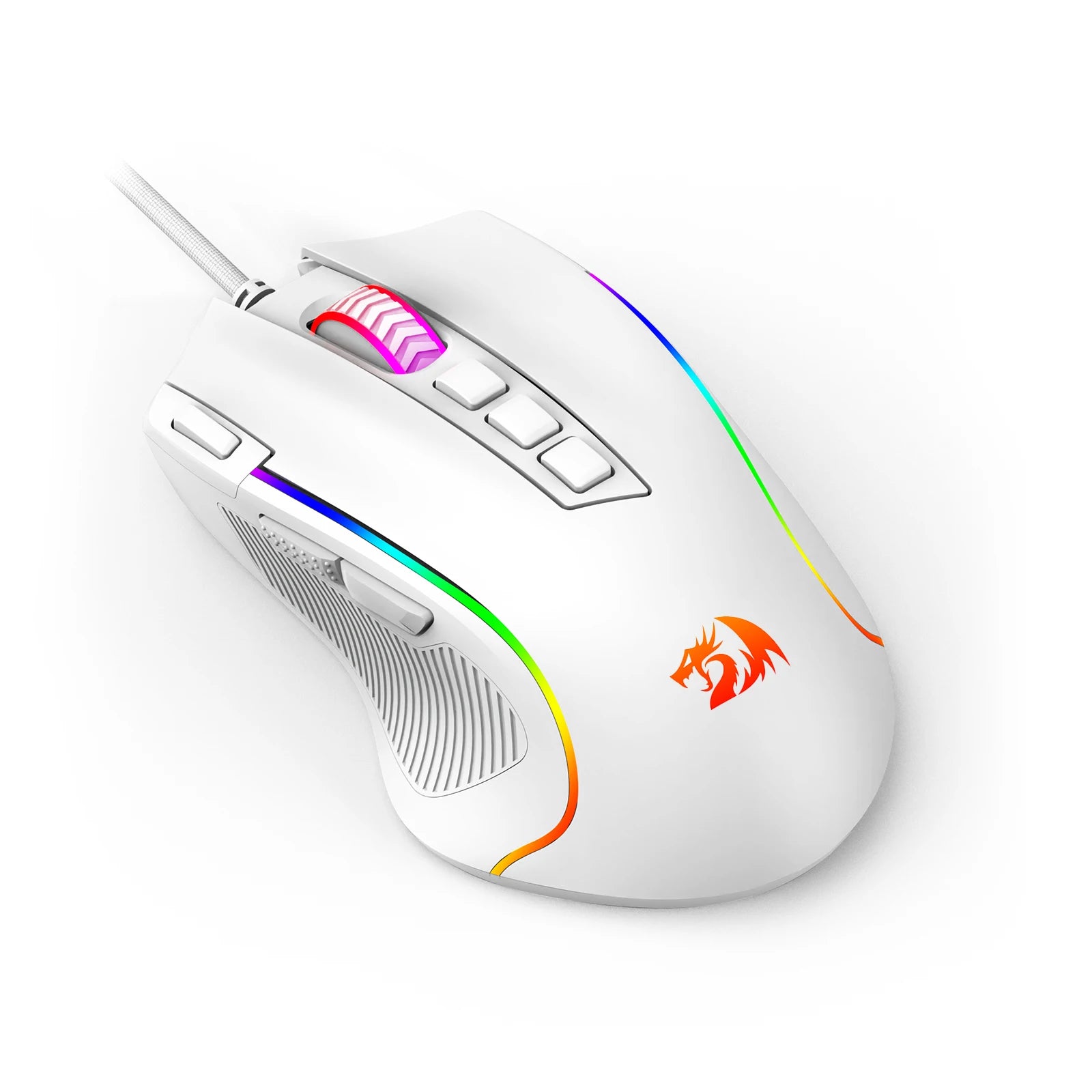 The Redragon M612 Predator gaming mouse in white, highlighting its sleek design and dynamic RGB lighting strips.